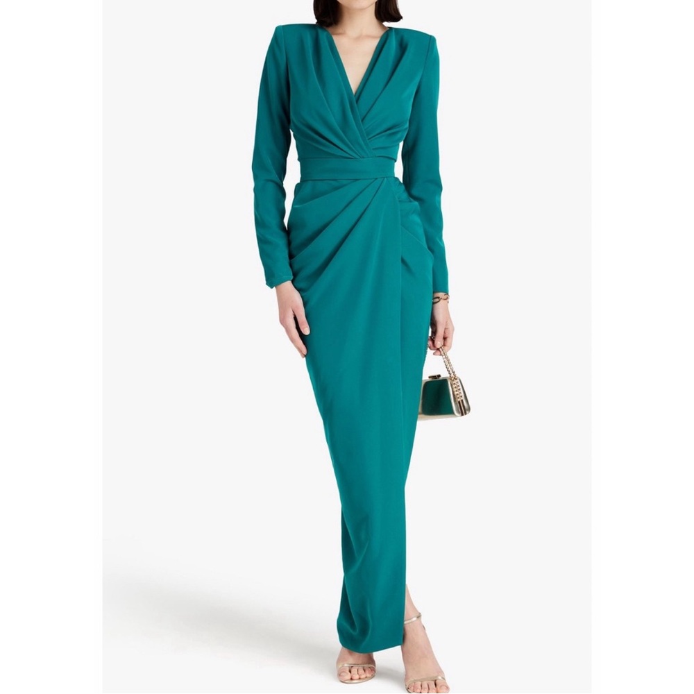 RHEA COSTA Wrap-effect Draped Crepe Gown In Teal Size 10